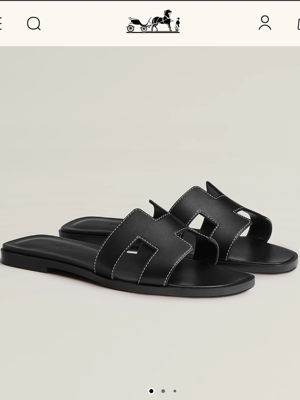 Hermes Black Oran Leather Slide Sandals with Tan Insole GUC size 37